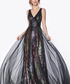 Multi-Color Sequin V-Neck Gown By Cinderella Divine CS033 8 Multi-Color Sequin V-Neck Gown By Cinderella Divine CS033