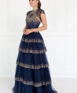 Navy Blue Beaded Tulle Ball Gown With Bolero By Elizabeth K GL1591