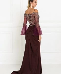 Navy Blue Long Beaded Cold Shoulder Dress By Elizabeth K