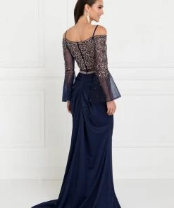Navy Blue Long Beaded Cold Shoulder Dress By Elizabeth K