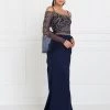 Navy Blue Long Beaded Cold Shoulder Dress By Elizabeth K
