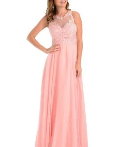 Navy Blue Long Chiffon Dress With Lace Applique Top By Poly USA