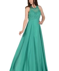 Navy Blue Long Chiffon Dress With Lace Applique Top By Poly USA