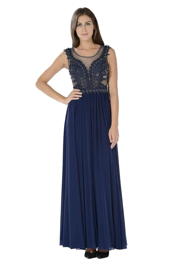 Prom Navy Blue Long Illusion Dress With Beaded Bodice By Poly USA 3 Prom Navy Blue Long Illusion Dress With Beaded Bodice By Poly USA