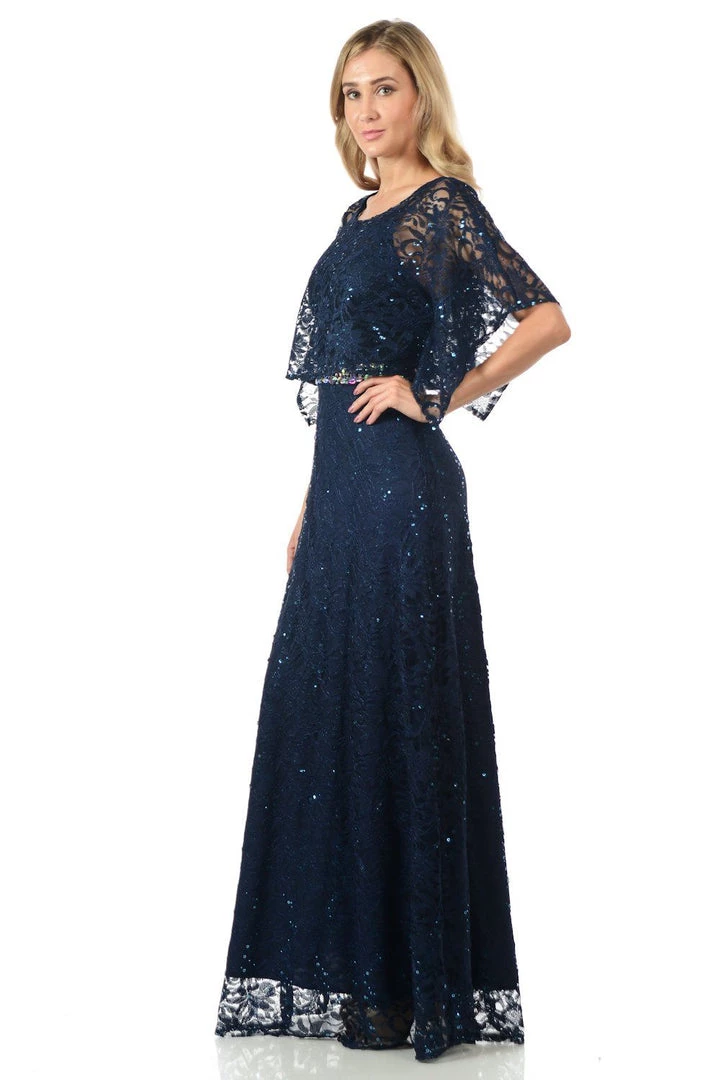 Lenovia Navy Blue Long Sequined Lace Dress With Lace Caplet Prom 6 Lenovia Navy Blue Long Sequined Lace Dress With Lace Caplet Prom