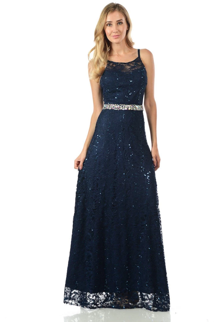 Lenovia Navy Blue Long Sequined Lace Dress With Lace Caplet Prom 4 Lenovia Navy Blue Long Sequined Lace Dress With Lace Caplet Prom