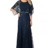 Lenovia Navy Blue Long Sequined Lace Dress With Lace Caplet Prom