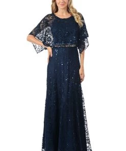Lenovia Navy Blue Long Sequined Lace Dress With Lace Caplet Prom