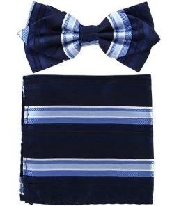 Vesuvio Napoli Men Navy Blue Striped Bow Tie With Pocket Square (Pointed Tip)