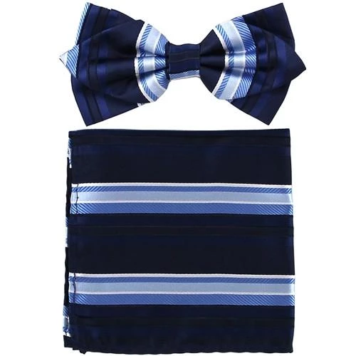 Vesuvio Napoli Men Navy Blue Striped Bow Tie With Pocket Square (Pointed Tip) 3 Vesuvio Napoli Men Navy Blue Striped Bow Tie With Pocket Square (Pointed Tip)
