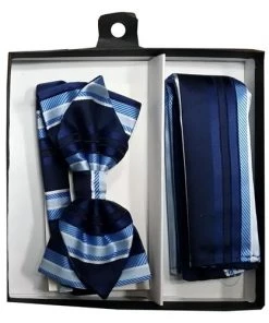 Vesuvio Napoli Men Navy Blue Striped Bow Tie With Pocket Square (Pointed Tip)