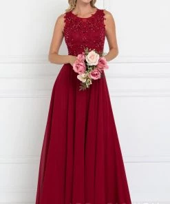 Navy Long Lace Appliqued Chiffon Dress By Elizabeth K GL2417