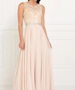 Navy Long Lace Appliqued Chiffon Dress By Elizabeth K GL2417