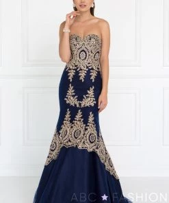 Navy Long Strapless Flared Trumpet Dress By Elizabeth K GL2428