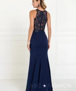 Prom Navy Mermaid Gown With Beaded Illusion Bodice By Elizabeth K GL1568