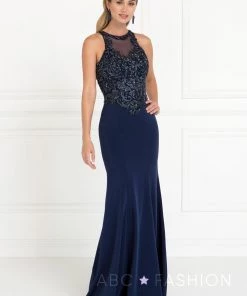 Prom Navy Mermaid Gown With Beaded Illusion Bodice By Elizabeth K GL1568