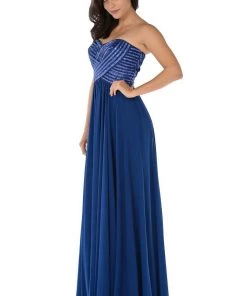Navy Strapless Sweetheart Gown With Sequined Top By Poly USA Prom