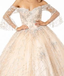 Off Shoulder Glitter Ball Gown With Bell Sleeves By Elizabeth K GL2911
