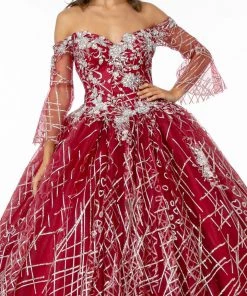 Off Shoulder Glitter Ball Gown With Bell Sleeves By Elizabeth K GL2911
