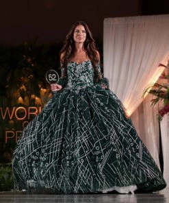 Off Shoulder Glitter Ball Gown With Bell Sleeves By Elizabeth K GL2911