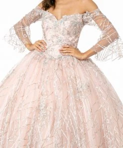 Off Shoulder Glitter Ball Gown With Bell Sleeves By Elizabeth K GL2911
