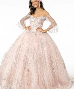 Off Shoulder Glitter Ball Gown With Bell Sleeves By Elizabeth K GL2911