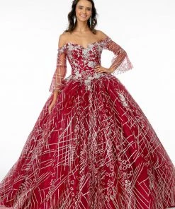 Off Shoulder Glitter Ball Gown With Bell Sleeves By Elizabeth K GL2911
