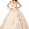 Off Shoulder Glitter Ball Gown With Bell Sleeves By Elizabeth K GL2911