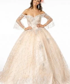 Off Shoulder Glitter Ball Gown With Bell Sleeves By Elizabeth K GL2911