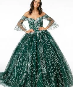 Off Shoulder Glitter Ball Gown With Bell Sleeves By Elizabeth K GL2911