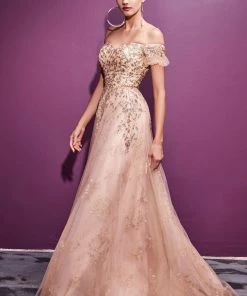 Off Shoulder Glitter Print Gown By Cinderella Divine C73