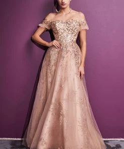 Off Shoulder Glitter Print Gown By Cinderella Divine C73