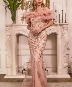Off Shoulder Glitter Print Gown By Cinderella Divine J818 Prom