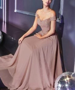 Prom Off Shoulder Lace Bodice Gown By Cinderella Divine 7258