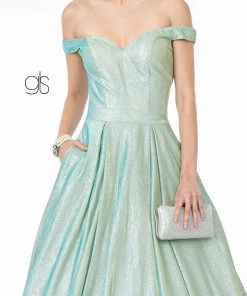 Off Shoulder Long Iridescent Glitter Dress By Elizabeth K GL2904 Prom
