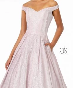 Off Shoulder Long Iridescent Glitter Dress By Elizabeth K GL2904 Prom