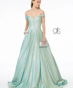 Off Shoulder Long Iridescent Glitter Dress By Elizabeth K GL2904 Prom