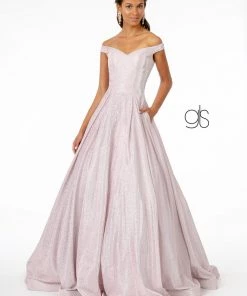 Off Shoulder Long Iridescent Glitter Dress By Elizabeth K GL2904 Prom