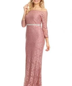 Prom Off Shoulder Long Lace Dress With Sleeves By Celavie 6343L 37 Prom Off Shoulder Long Lace Dress With Sleeves By Celavie 6343L