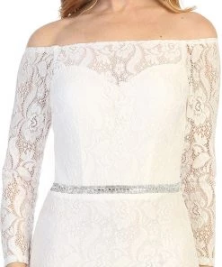 Prom Off Shoulder Long Lace Dress With Sleeves By Celavie 6343L 25 Prom Off Shoulder Long Lace Dress With Sleeves By Celavie 6343L