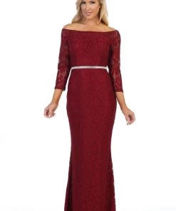 Prom Off Shoulder Long Lace Dress With Sleeves By Celavie 6343L 31 Prom Off Shoulder Long Lace Dress With Sleeves By Celavie 6343L