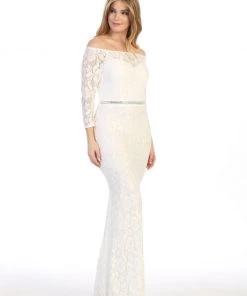 Prom Off Shoulder Long Lace Dress With Sleeves By Celavie 6343L 27 Prom Off Shoulder Long Lace Dress With Sleeves By Celavie 6343L
