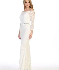 Prom Off Shoulder Long Lace Dress With Sleeves By Celavie 6343L 26 Prom Off Shoulder Long Lace Dress With Sleeves By Celavie 6343L