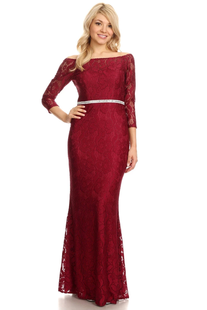 Prom Off Shoulder Long Lace Dress With Sleeves By Celavie 6343L 13 Prom Off Shoulder Long Lace Dress With Sleeves By Celavie 6343L