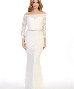 Prom Off Shoulder Long Lace Dress With Sleeves By Celavie 6343L