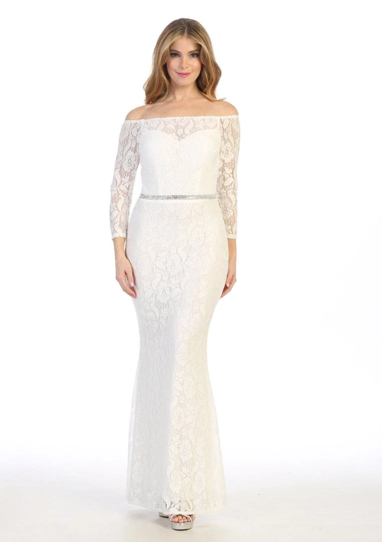 Prom Off Shoulder Long Lace Dress With Sleeves By Celavie 6343L 3 Prom Off Shoulder Long Lace Dress With Sleeves By Celavie 6343L