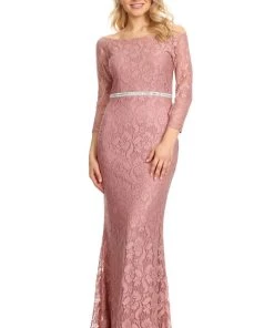 Prom Off Shoulder Long Lace Dress With Sleeves By Celavie 6343L 34 Prom Off Shoulder Long Lace Dress With Sleeves By Celavie 6343L