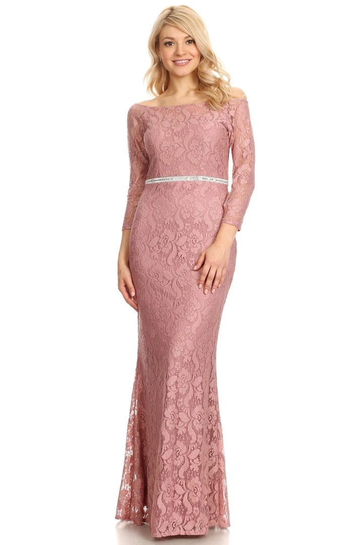 Prom Off Shoulder Long Lace Dress With Sleeves By Celavie 6343L 14 Prom Off Shoulder Long Lace Dress With Sleeves By Celavie 6343L