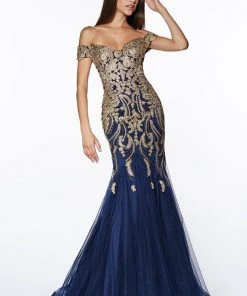 Applique Off Shoulder Mermaid Gown By Cinderella Divine KV1035