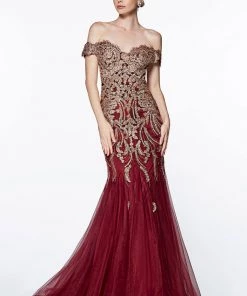 Applique Off Shoulder Mermaid Gown By Cinderella Divine KV1035